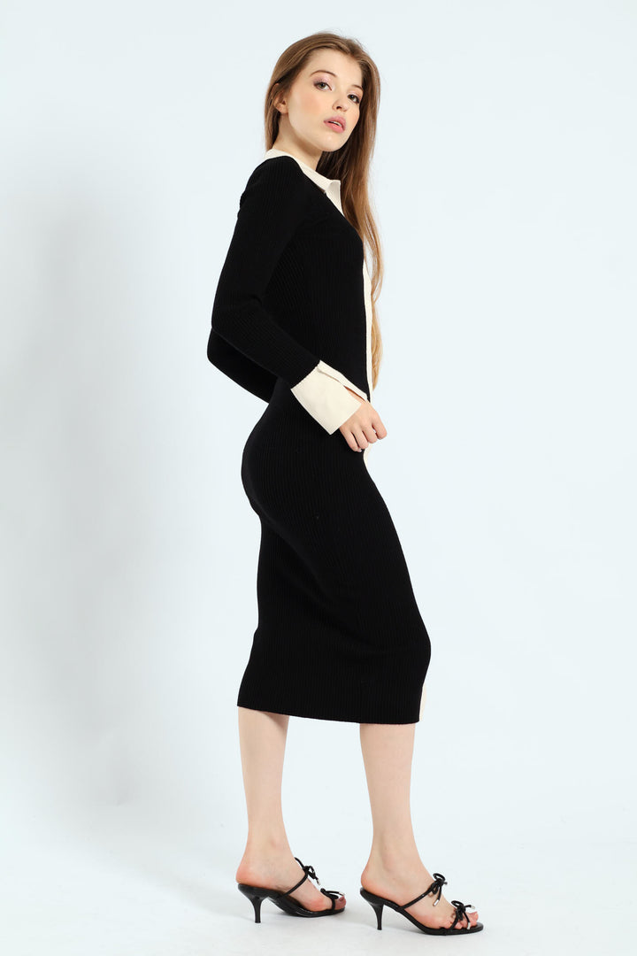 Long Sleeve Bodycon Midi Dress - Black/Cream