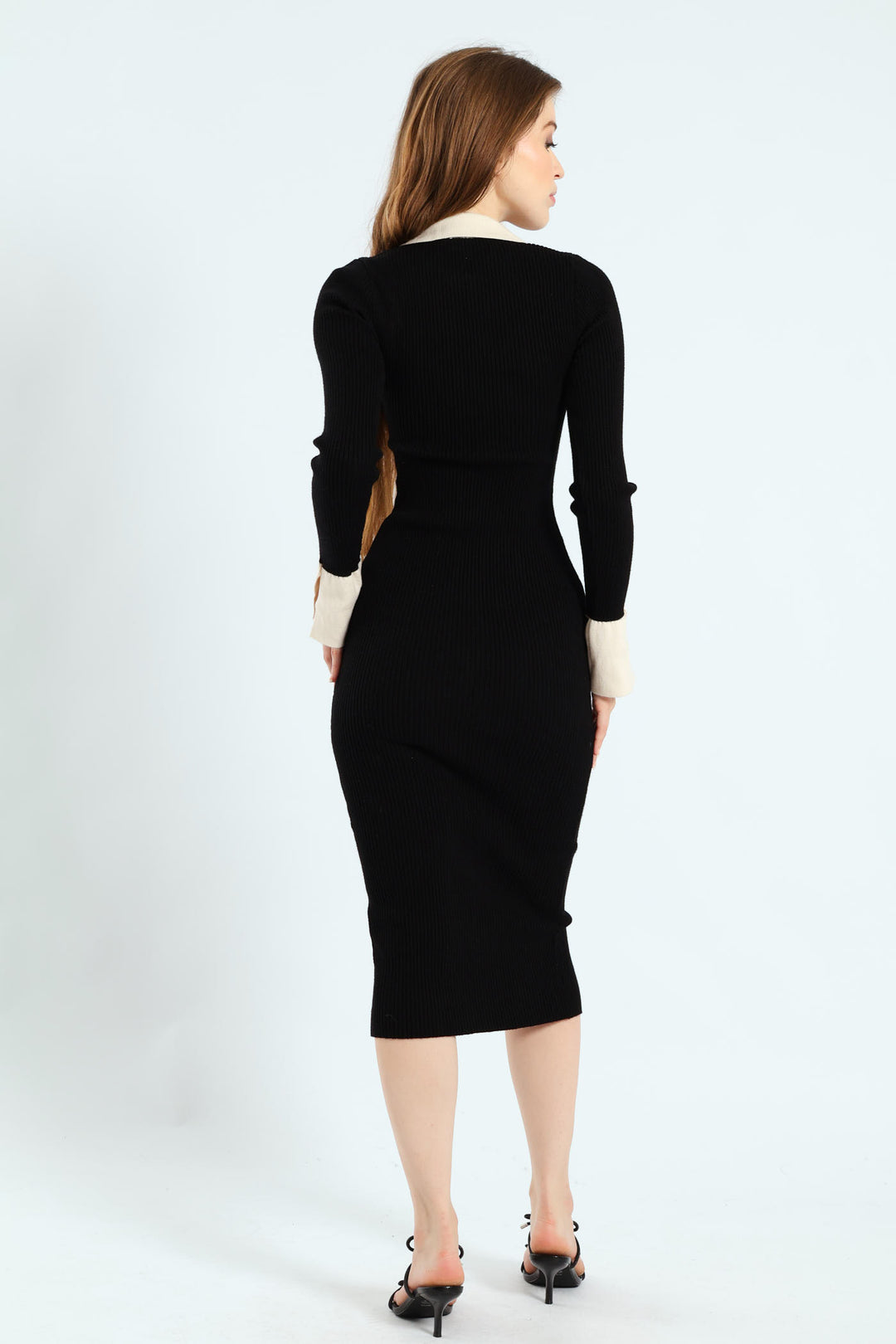 Long Sleeve Bodycon Midi Dress - Black/Cream