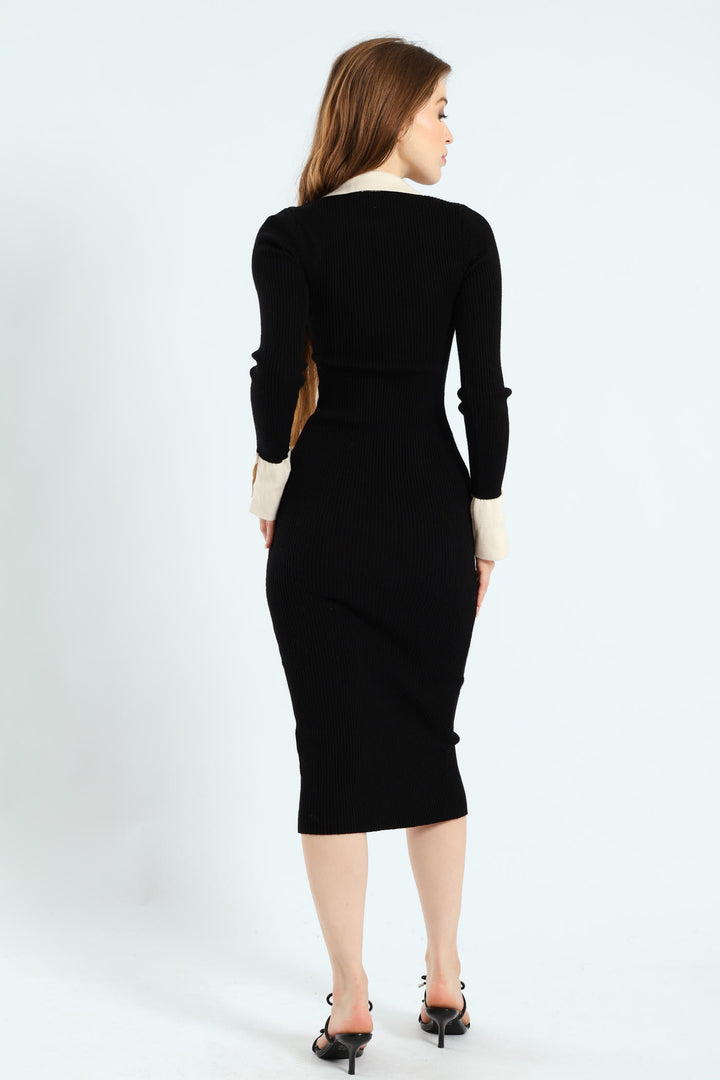 Long Sleeve Bodycon Midi Dress - Black/Cream
