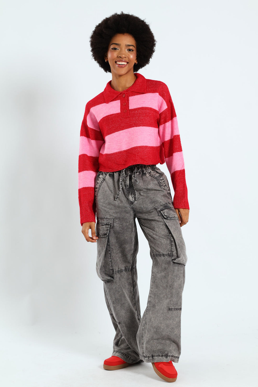Stripe Placket Collar Pullover - Pink