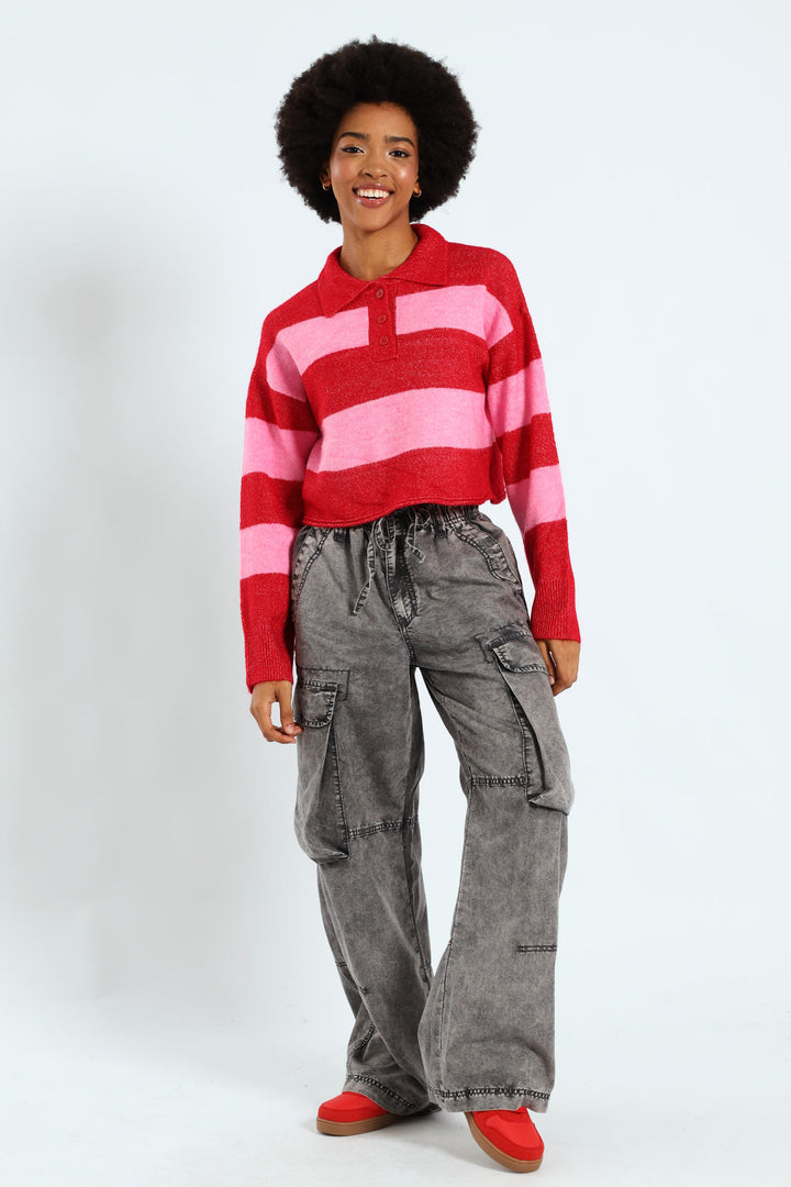 Stripe Placket Collar Pullover - Pink