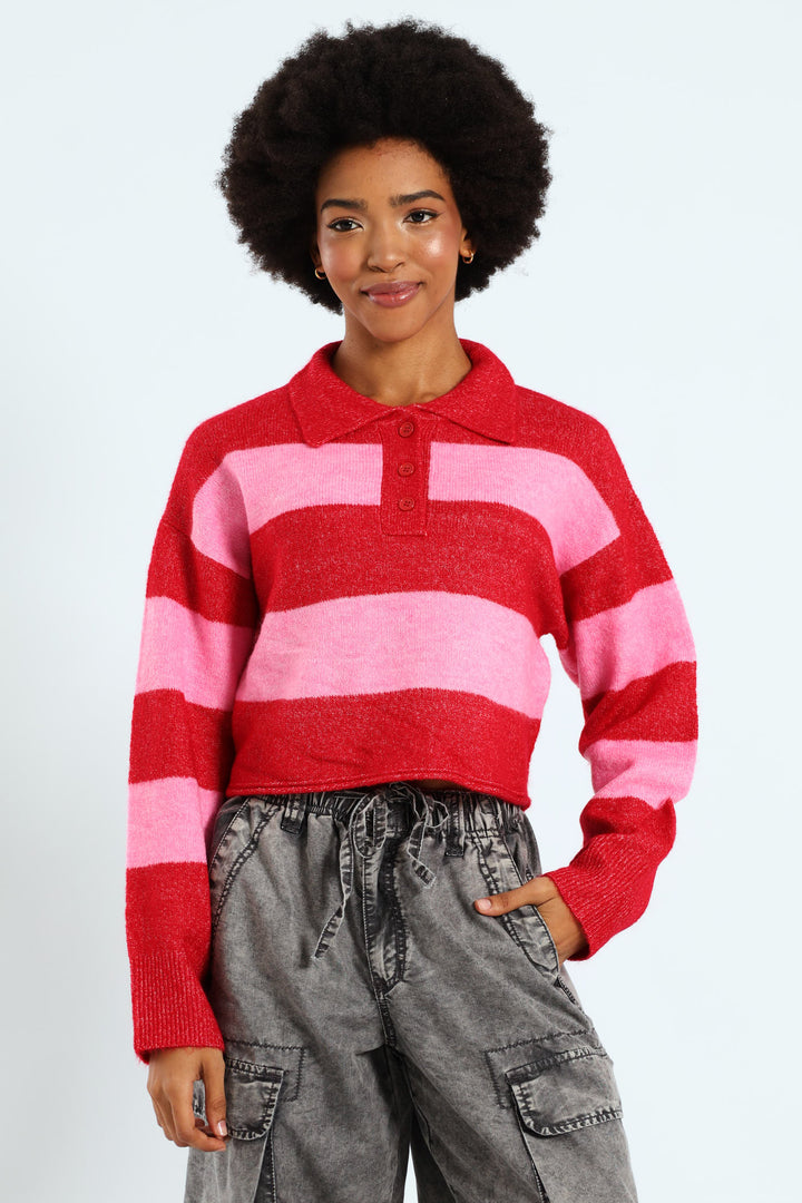 Stripe Placket Collar Pullover - Pink