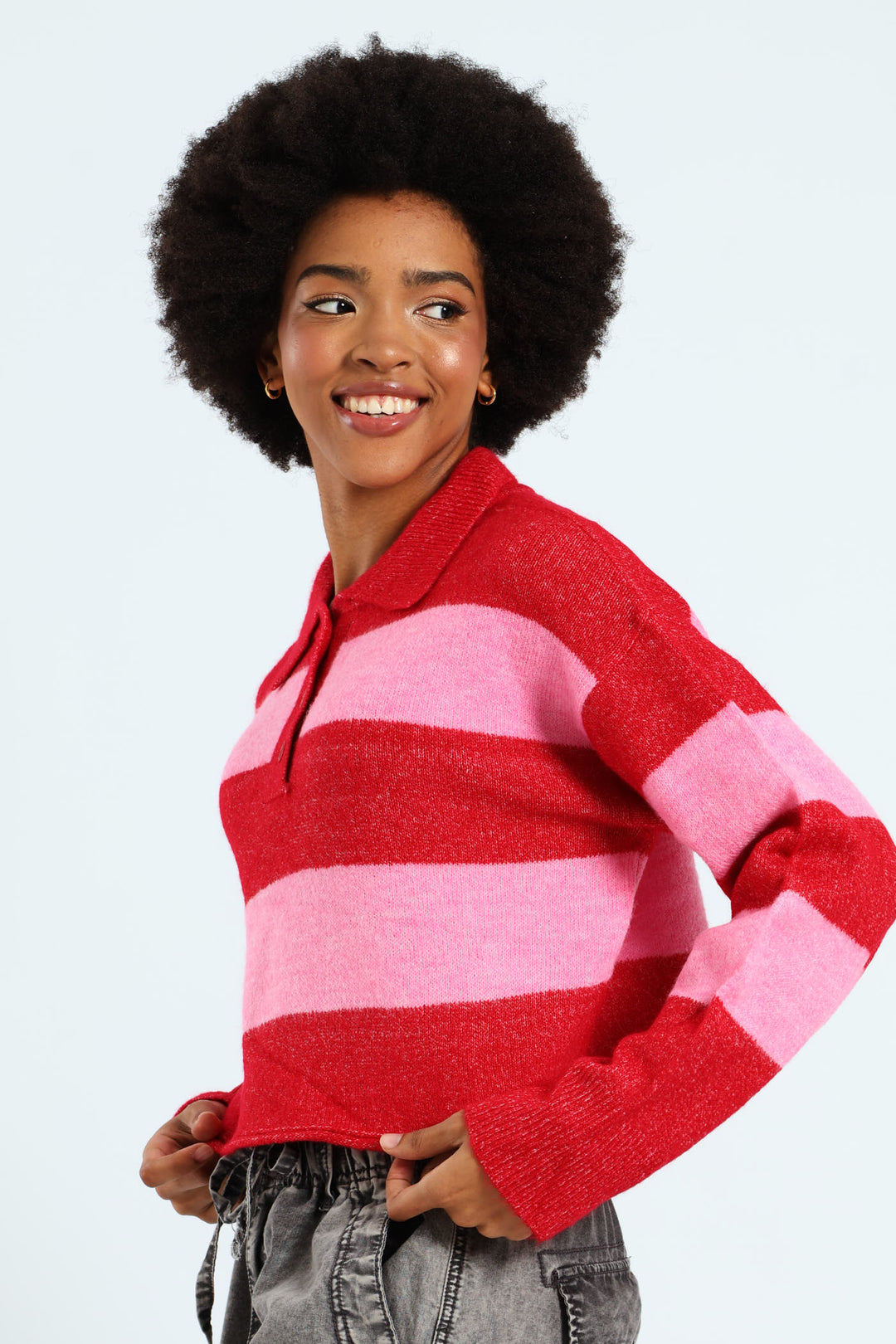 Stripe Placket Collar Pullover - Pink