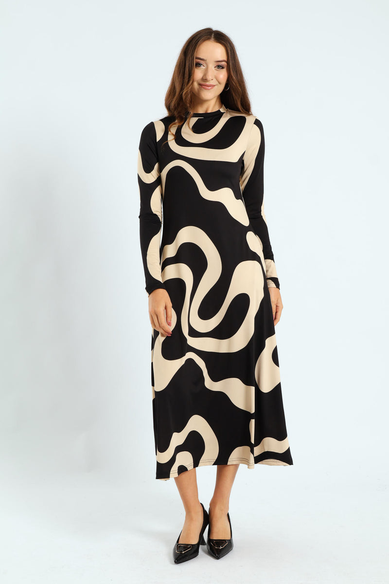 Long Sleeve Pointed A-Line Midaxi Dress - Black/Cream
