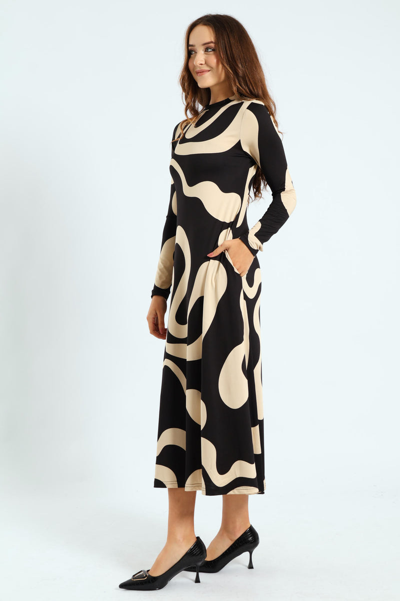 Long Sleeve Pointed A-Line Midaxi Dress - Black/Cream