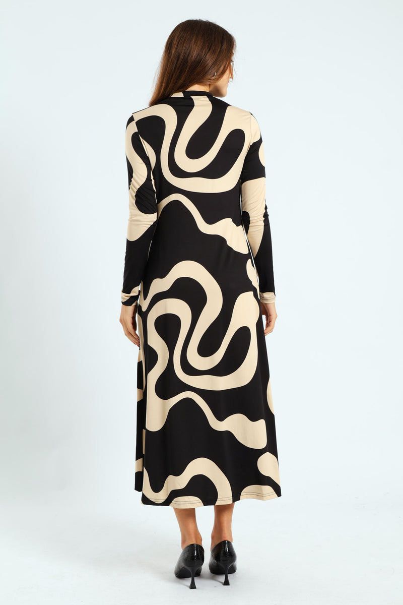 Long Sleeve Pointed A-Line Midaxi Dress - Black/Cream