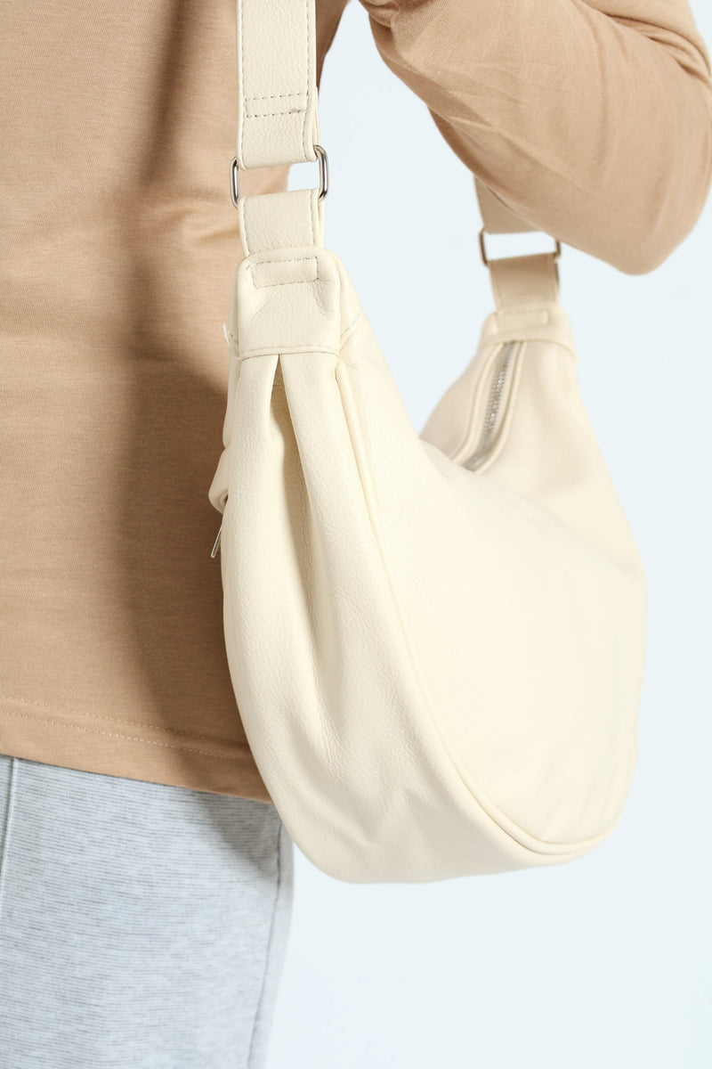 Silver Zip Crescent Crossbody Bag - Cream