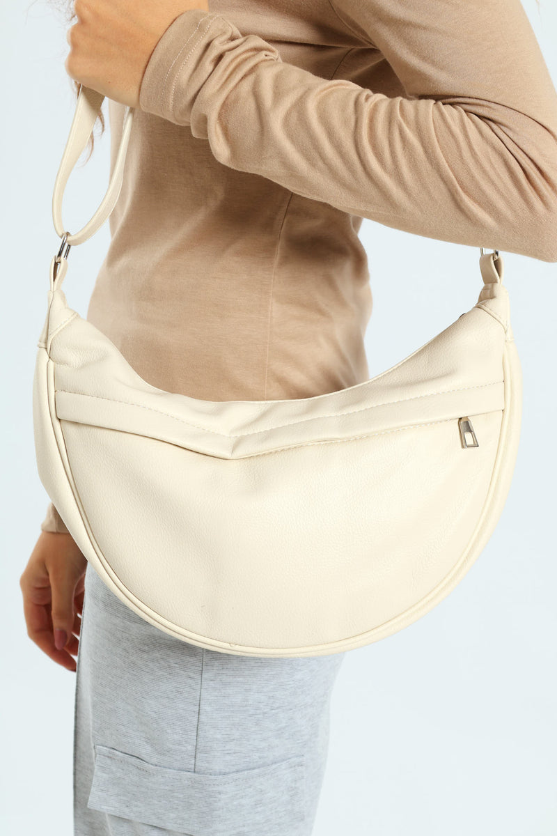 Silver Zip Crescent Crossbody Bag - Cream