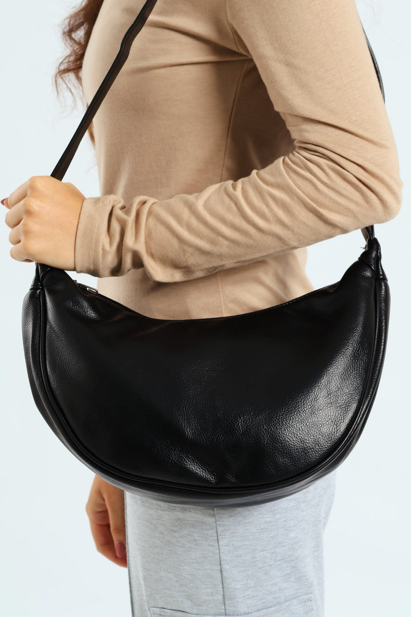 Silver Zip Crescent Crossbody Bag - Black