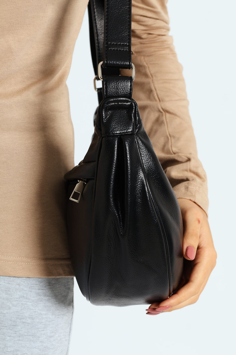 Silver Zip Crescent Crossbody Bag - Black