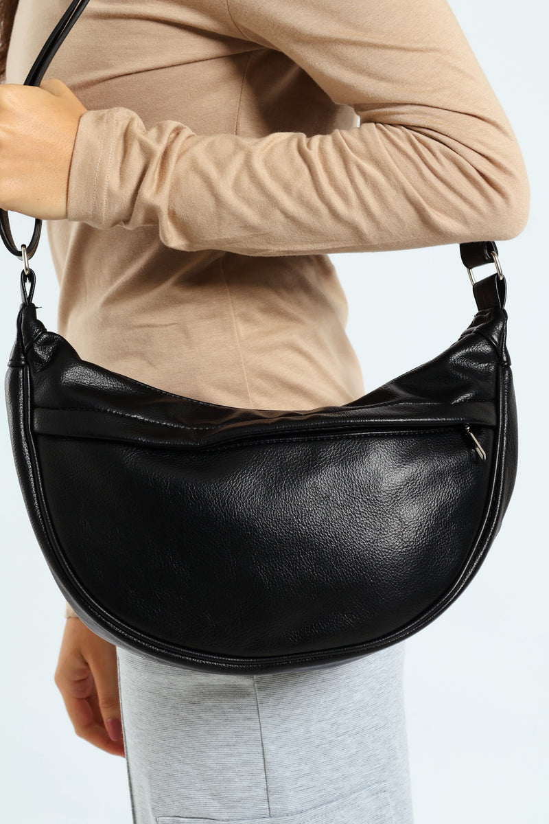 Silver Zip Crescent Crossbody Bag - Black