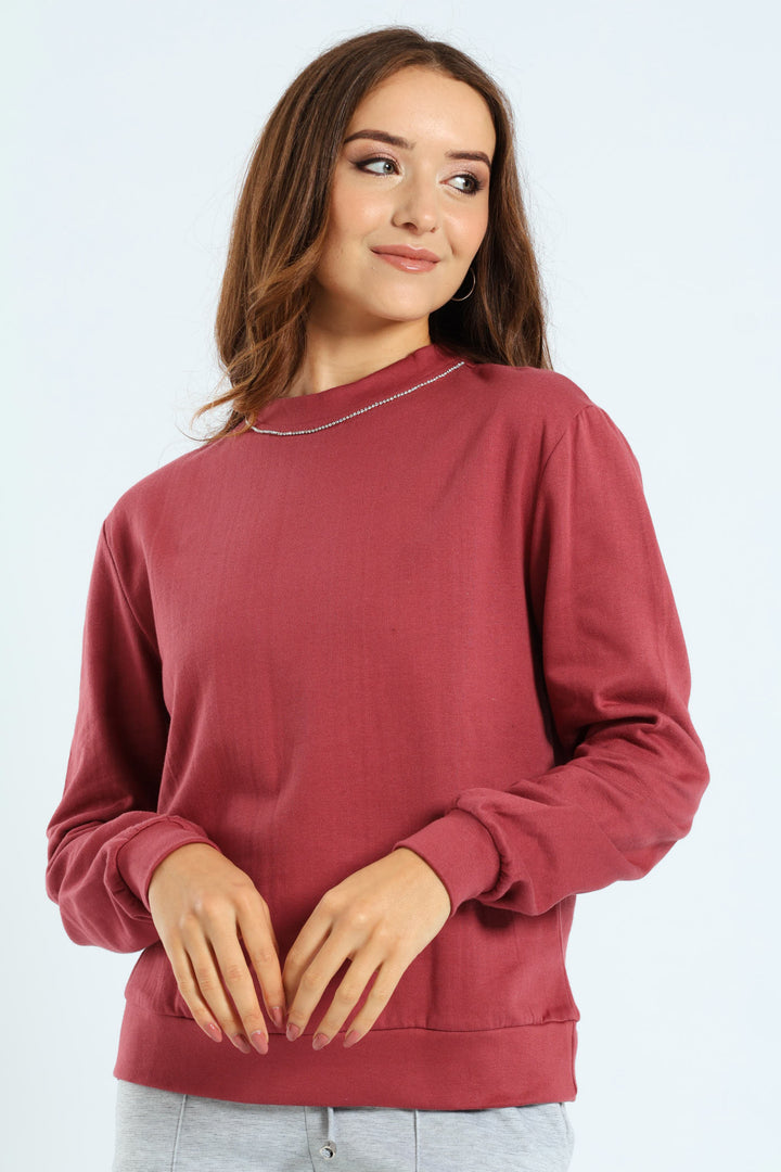 Long Sleeve Diamante Neckline Pullover - Deco Rose