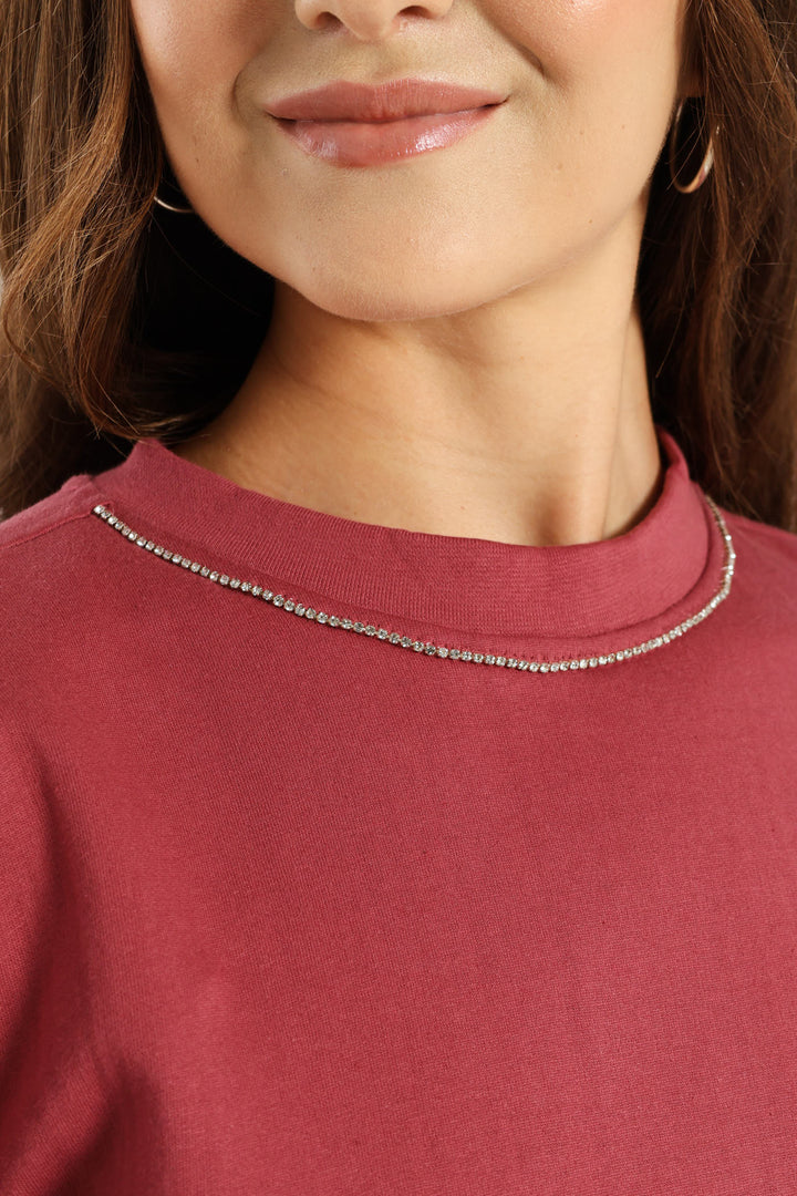 Long Sleeve Diamante Neckline Pullover - Deco Rose