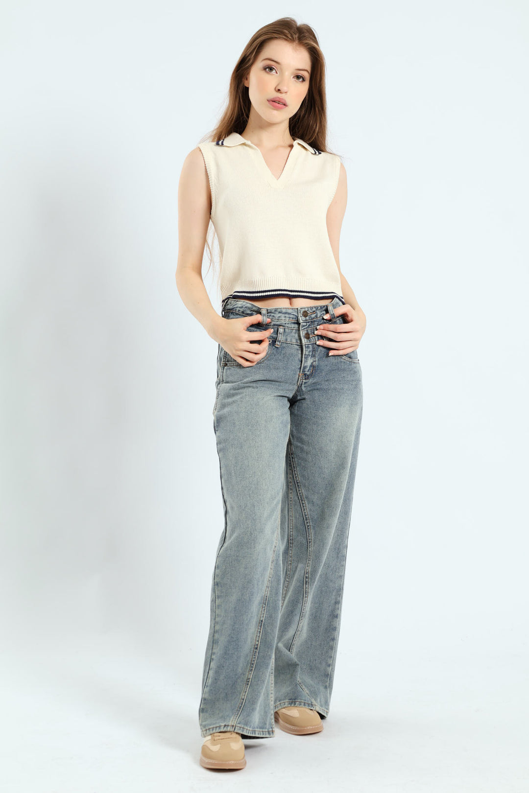 Regular Sleeveless Sweater - White/Navy