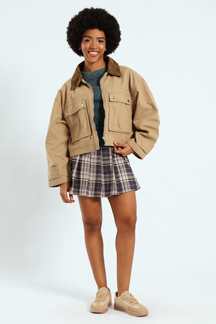 Corduroy Collar Utility Jacket - Stone