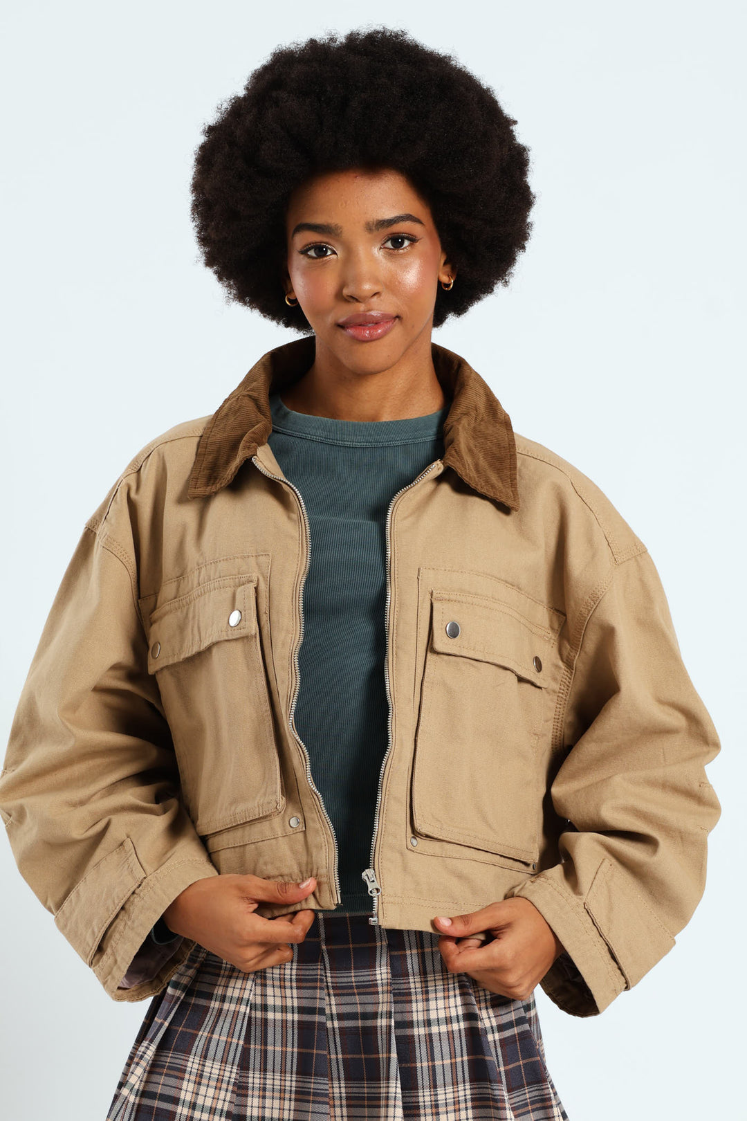 Corduroy Collar Utility Jacket - Stone