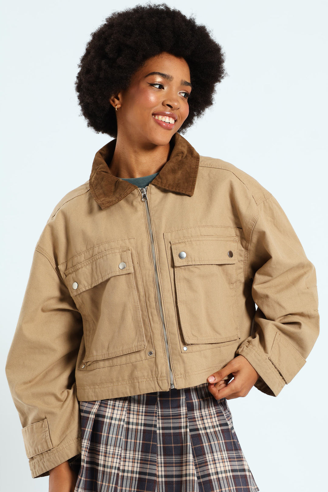 Corduroy Collar Utility Jacket - Stone