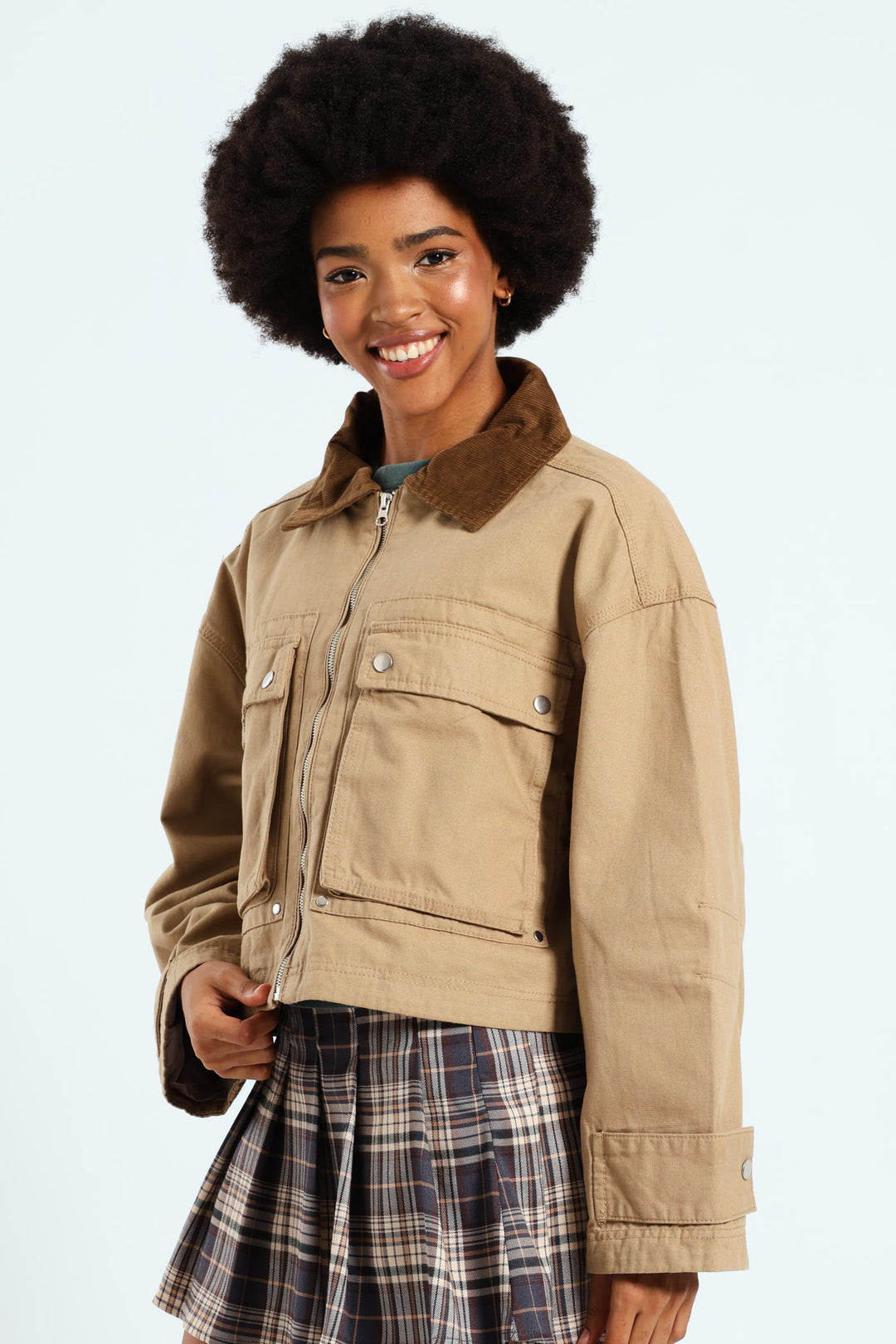 Corduroy Collar Utility Jacket - Stone