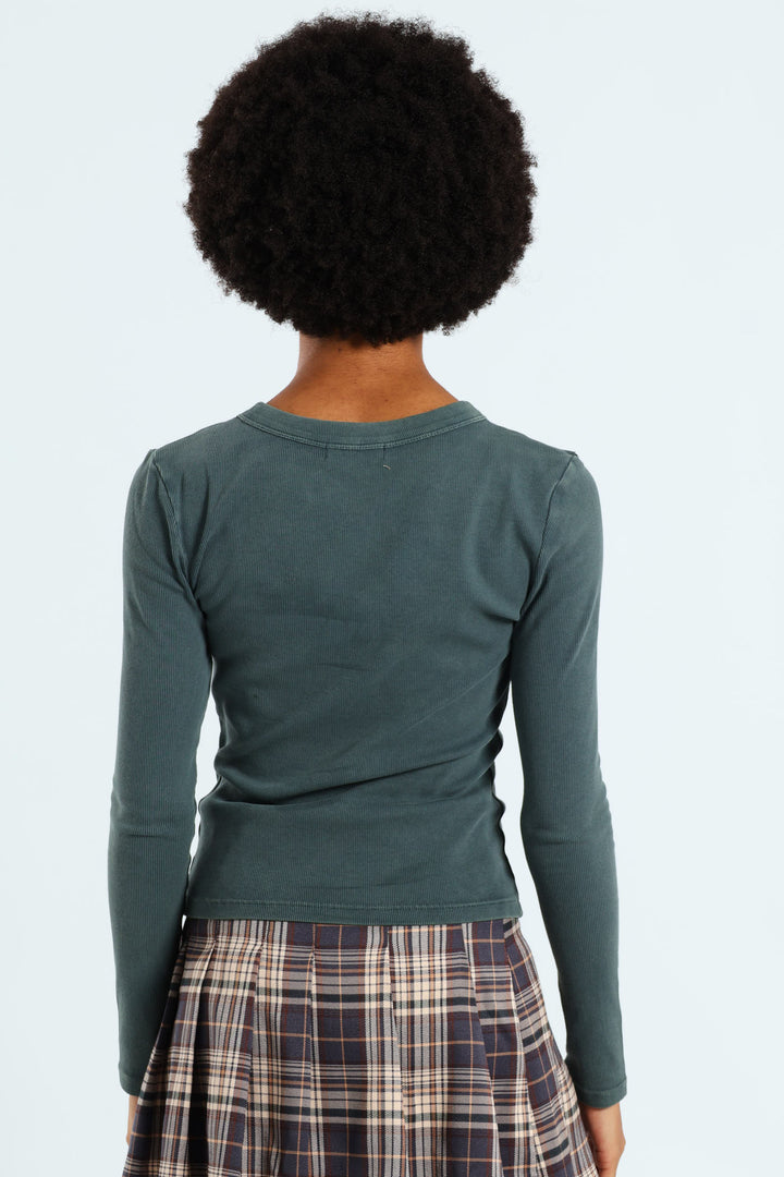 Long Sleeve Washed Basic Crew Top - Blue