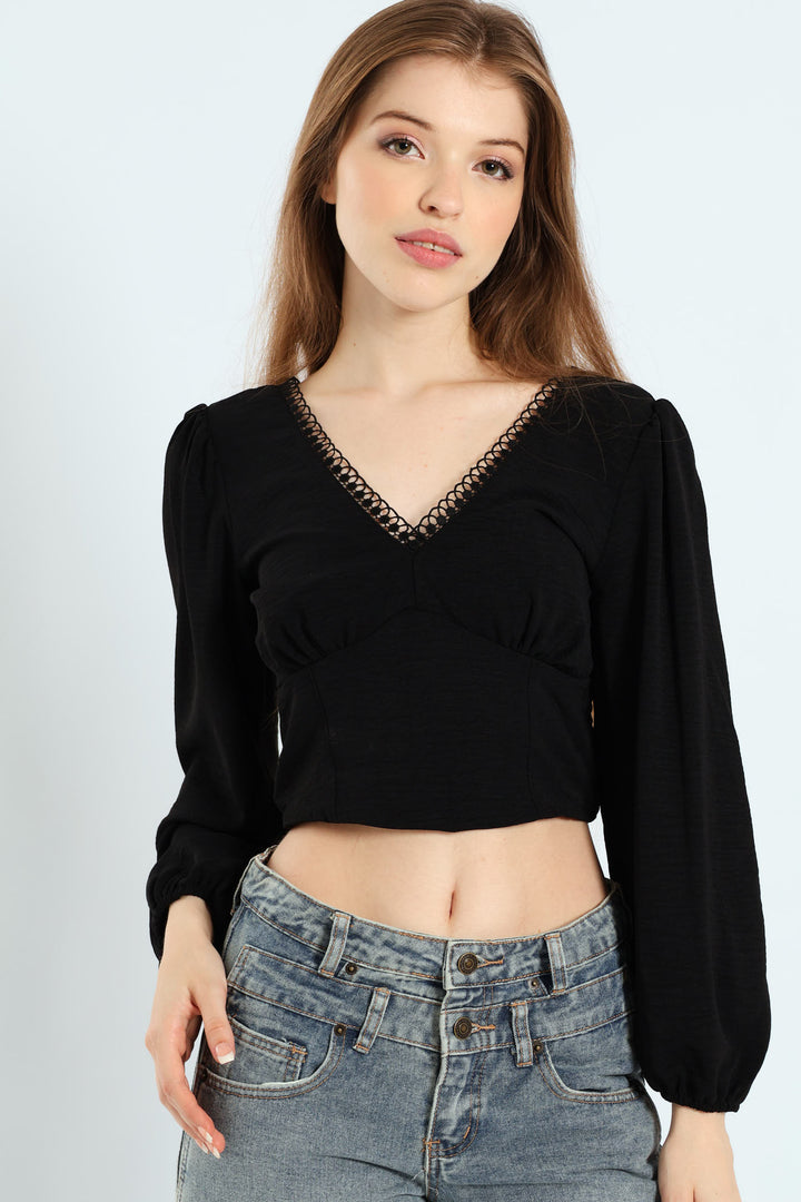 Cropped Long Sleeve Woven Blouse - Black