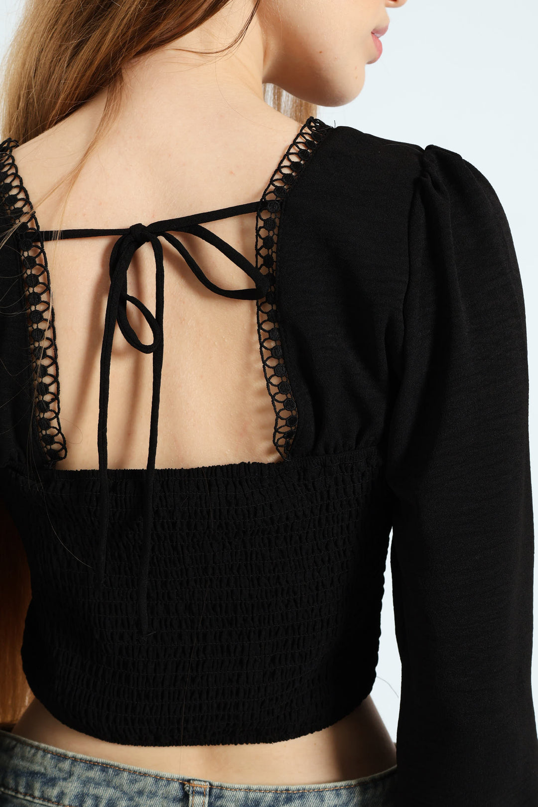 Cropped Long Sleeve Woven Blouse - Black