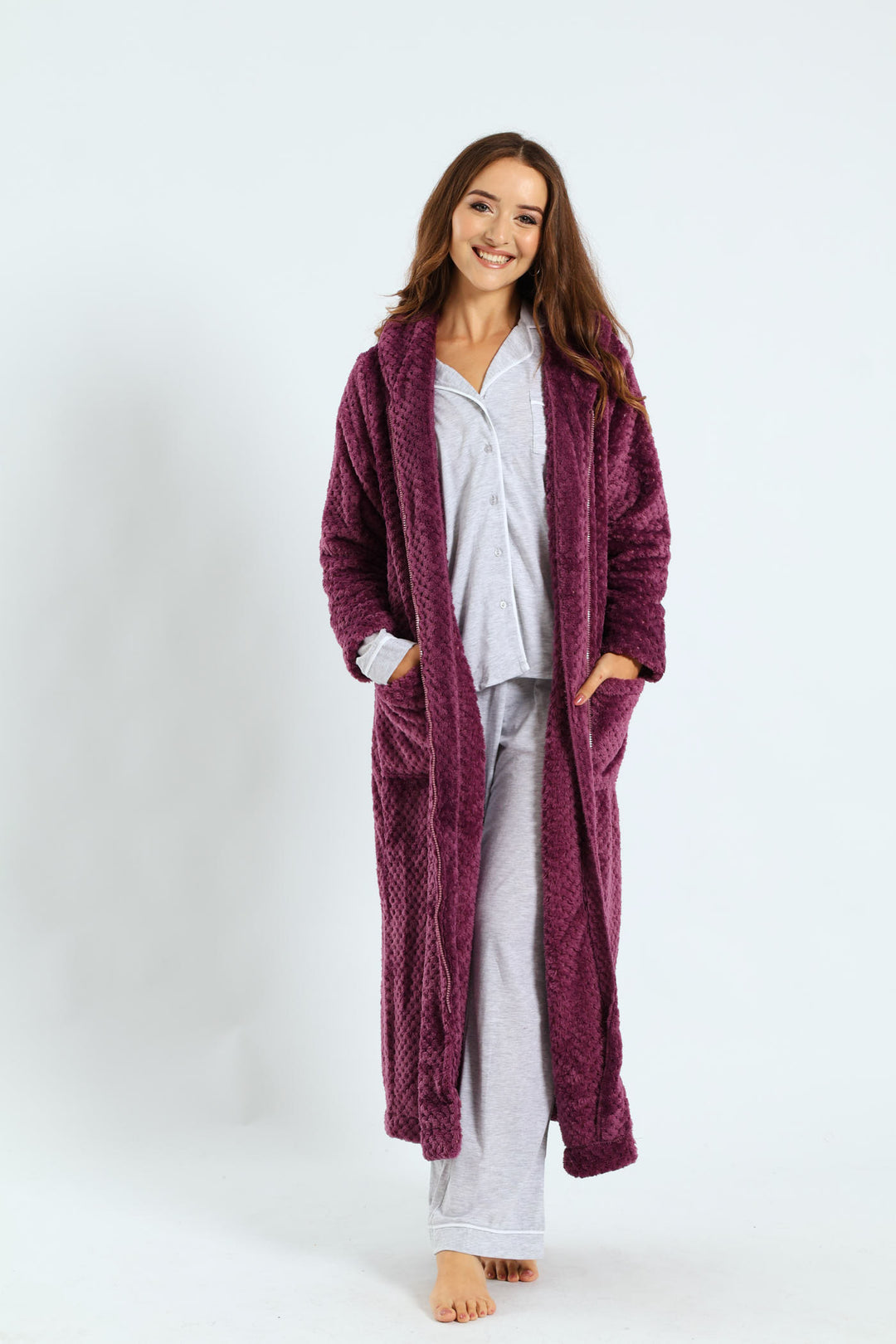 Ankle Length Zip-Through Gown - Purple