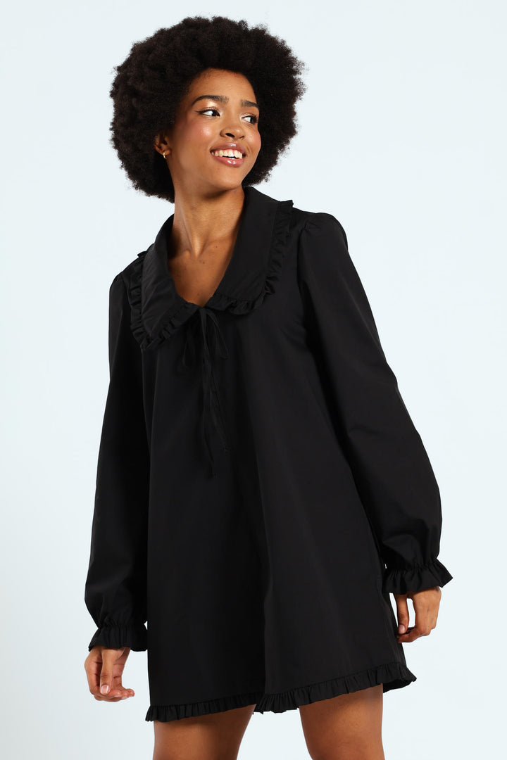 Collared Frill Hem Mini Dress - Black