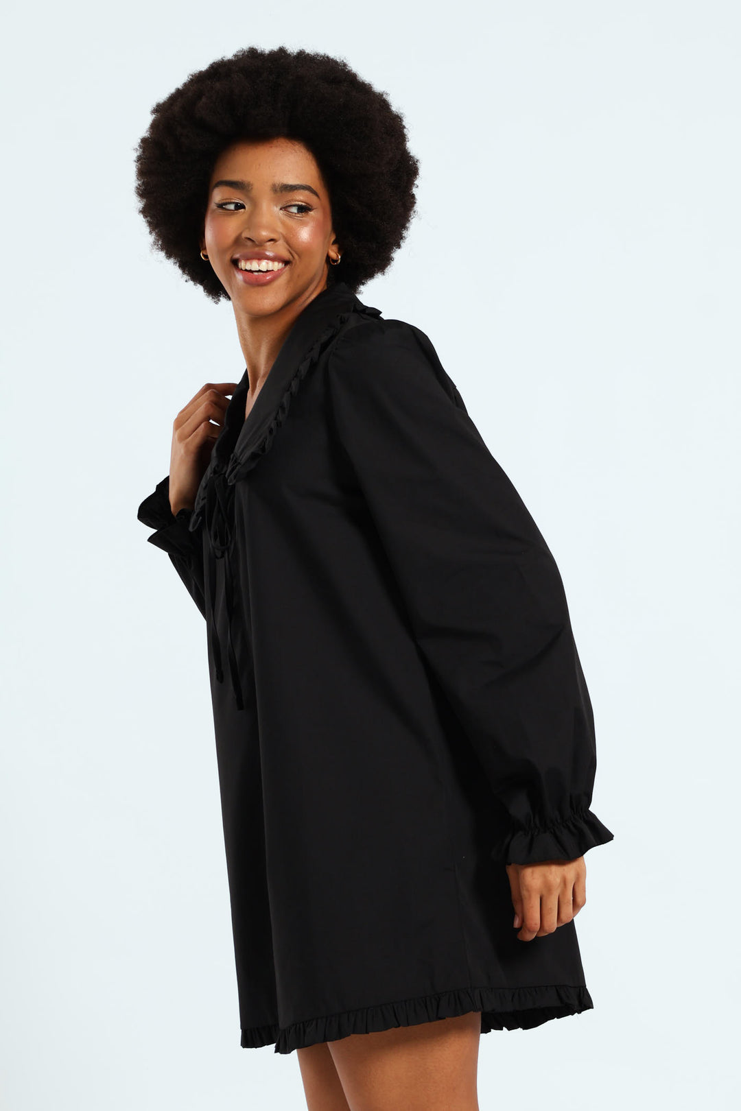 Collared Frill Hem Mini Dress - Black
