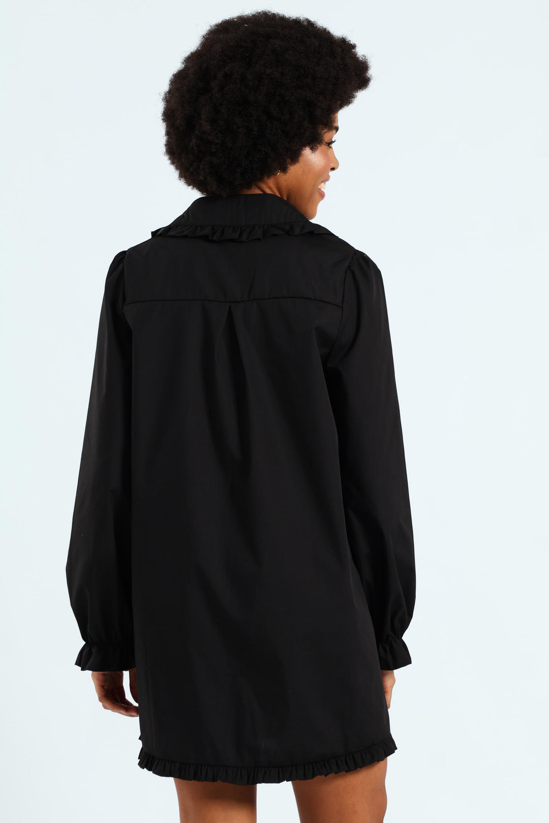 Collared Frill Hem Mini Dress - Black