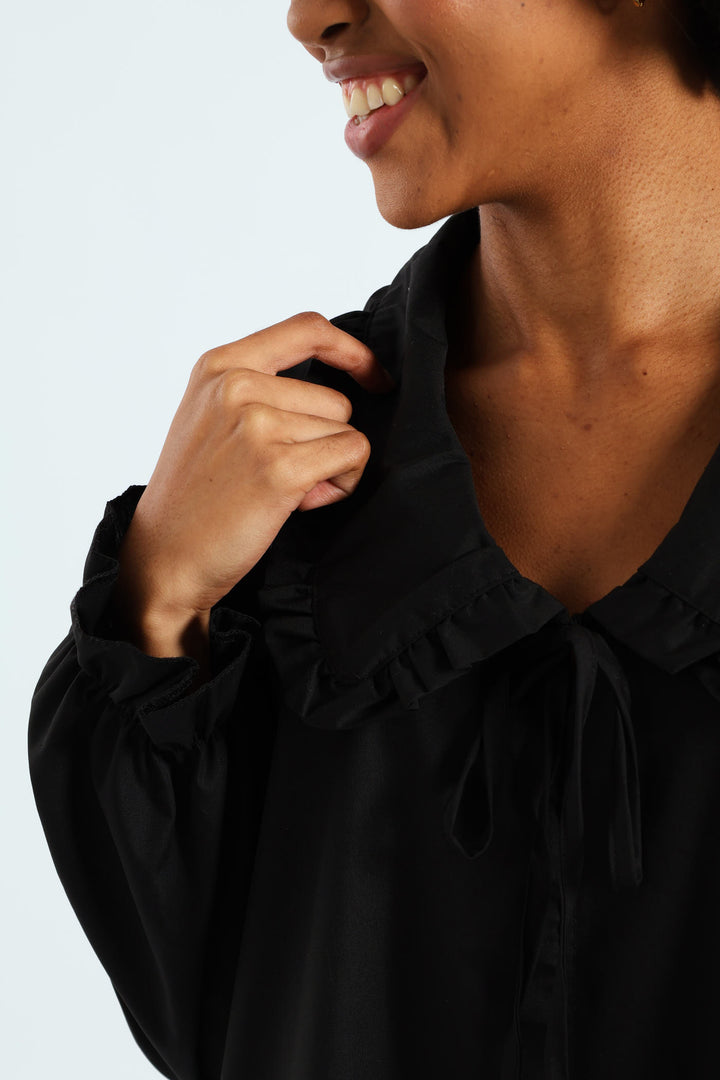 Collared Frill Hem Mini Dress - Black