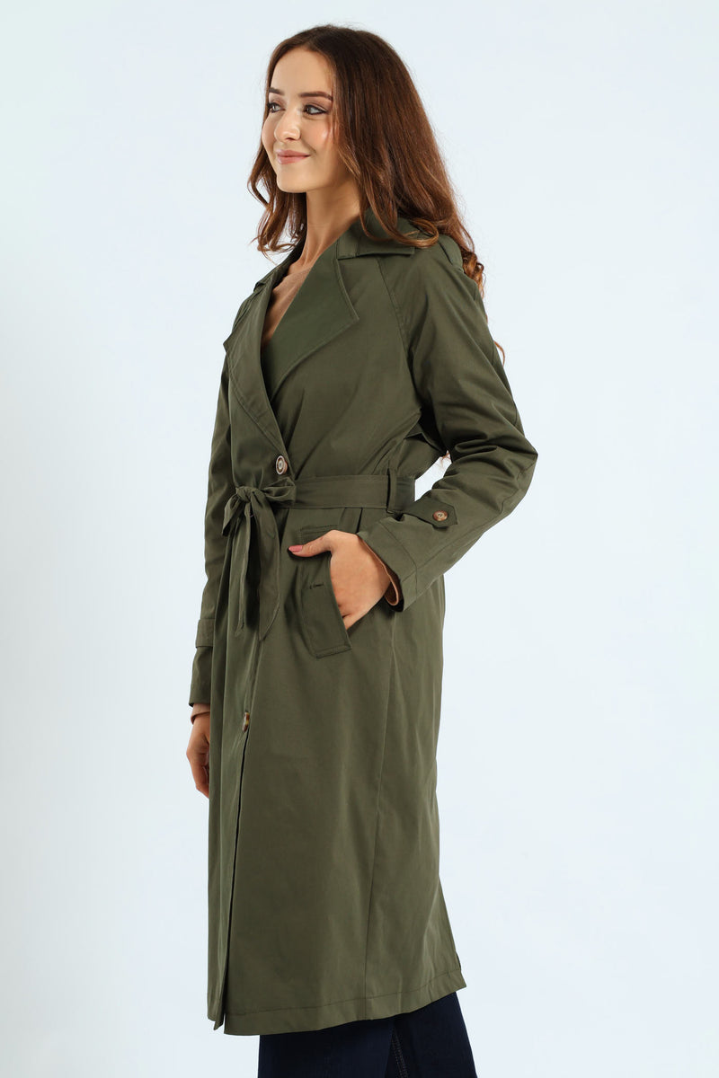 Classic Button Detail Trench Coat With Epaulettes - Dark Fatigue