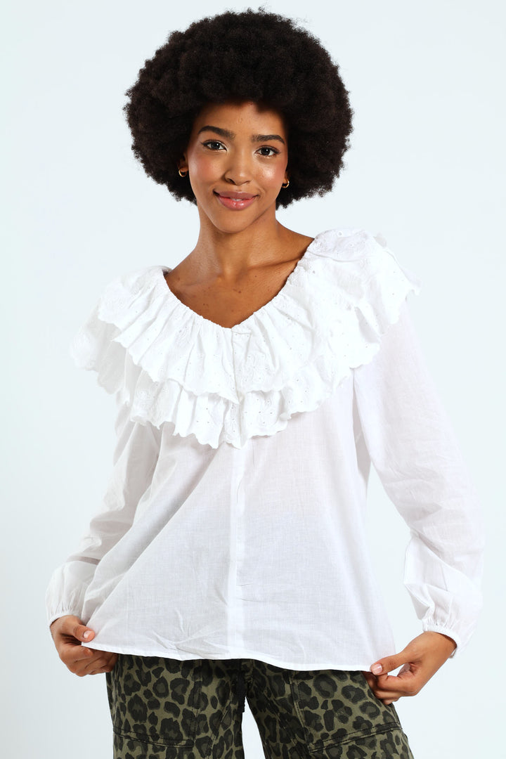 Long Sleeve Anglaise Ruffle Blouse - White
