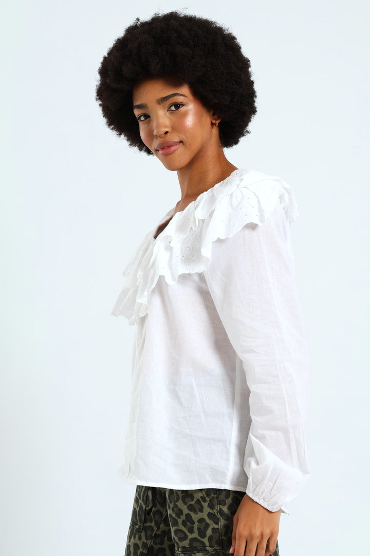 Long Sleeve Anglaise Ruffle Blouse - White