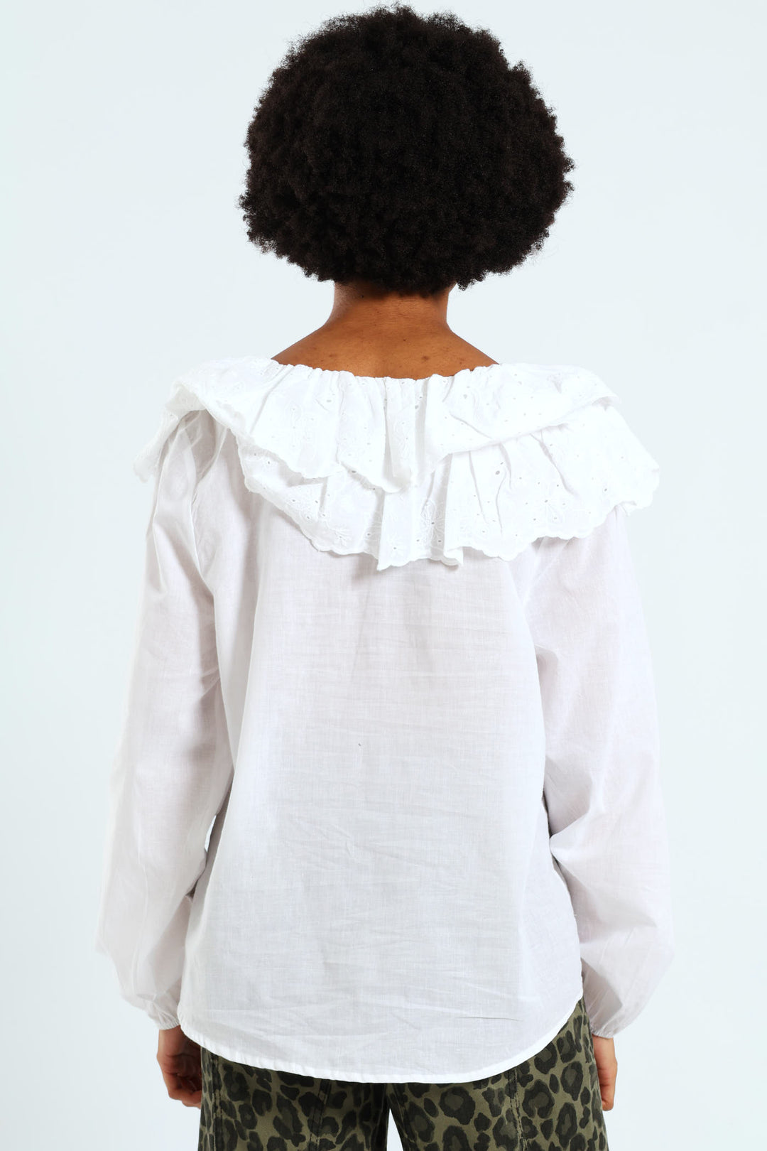 Long Sleeve Anglaise Ruffle Blouse - White