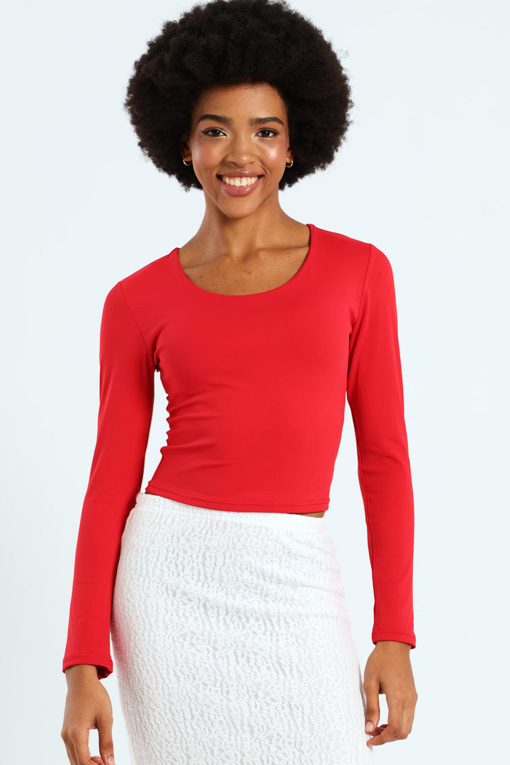 Skin Tight Long Sleeve Basic Crew Top - Red