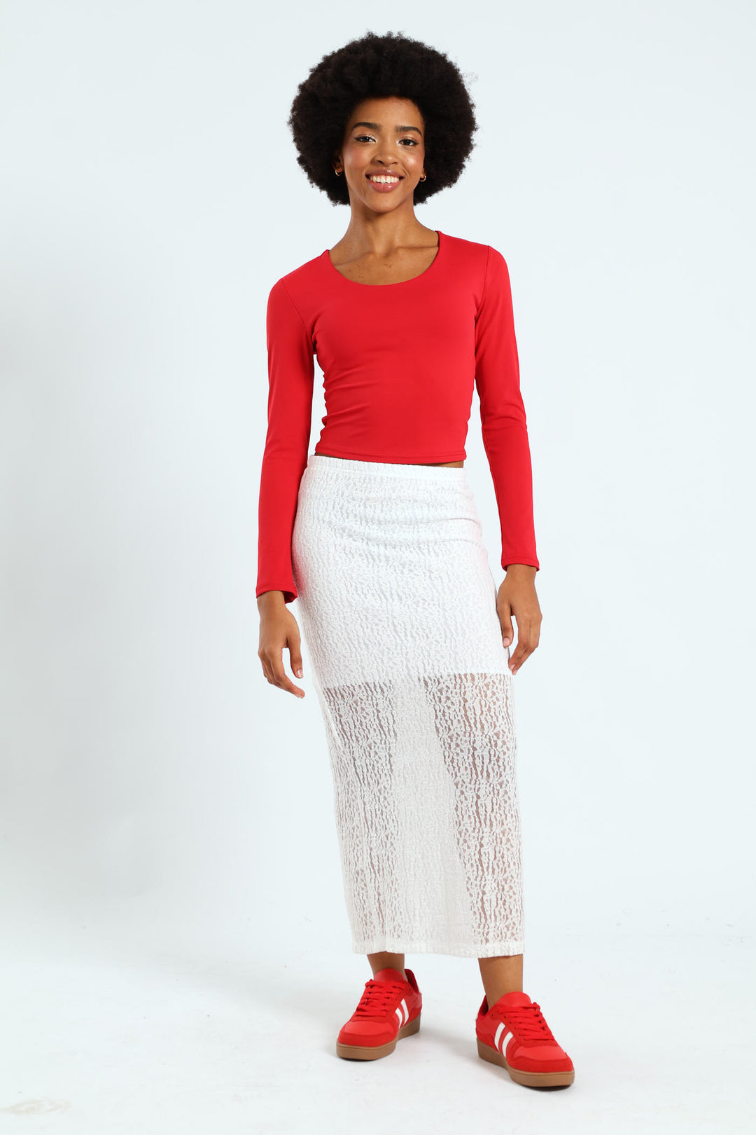 Lace Column Midi Skirt - White
