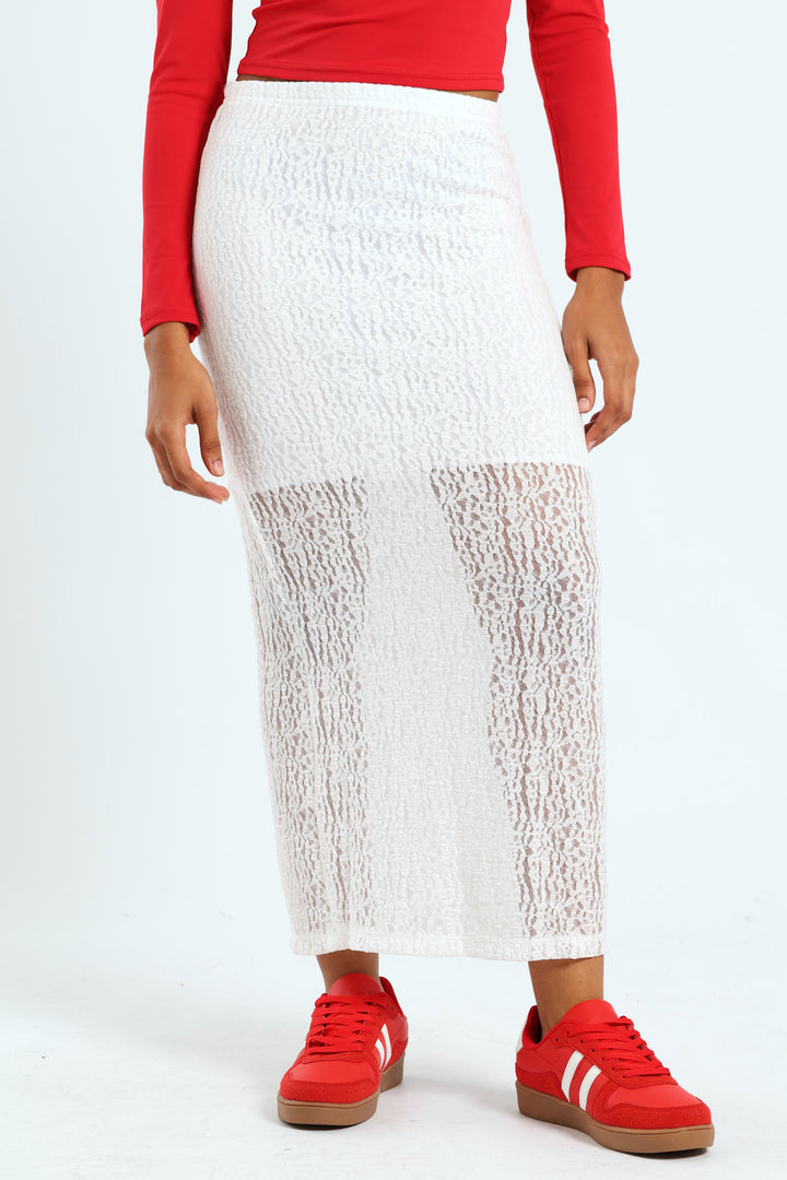 Lace Column Midi Skirt - White