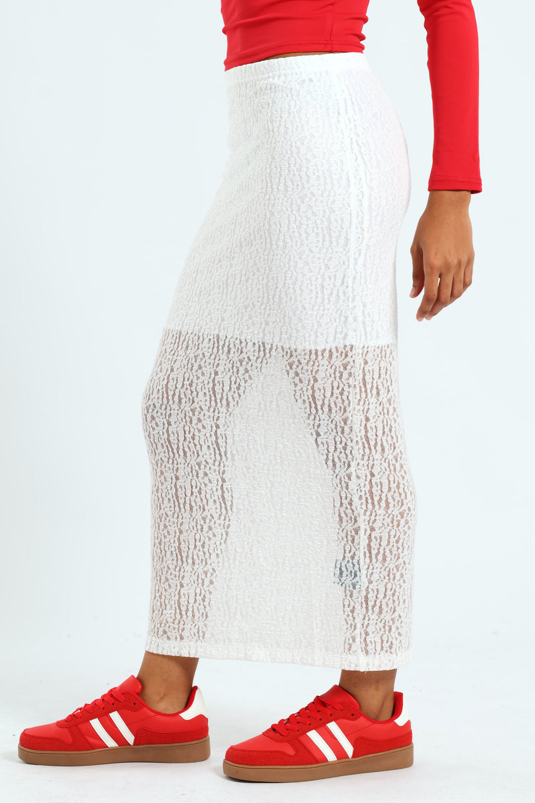 Lace Column Midi Skirt - White