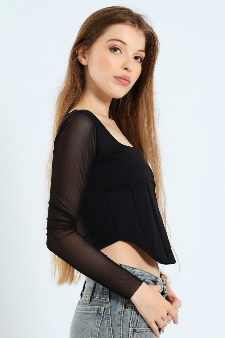 Curved Hem Knit Bustier Top - Black