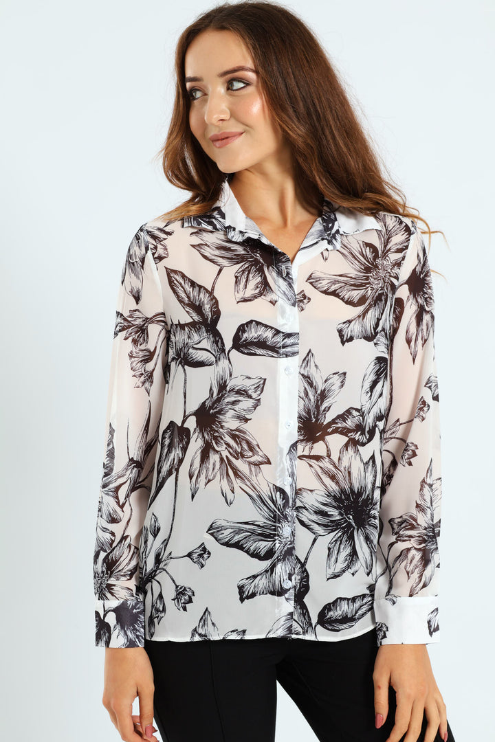 Monochrome Floral Chiffon Shirt - Cream/Black