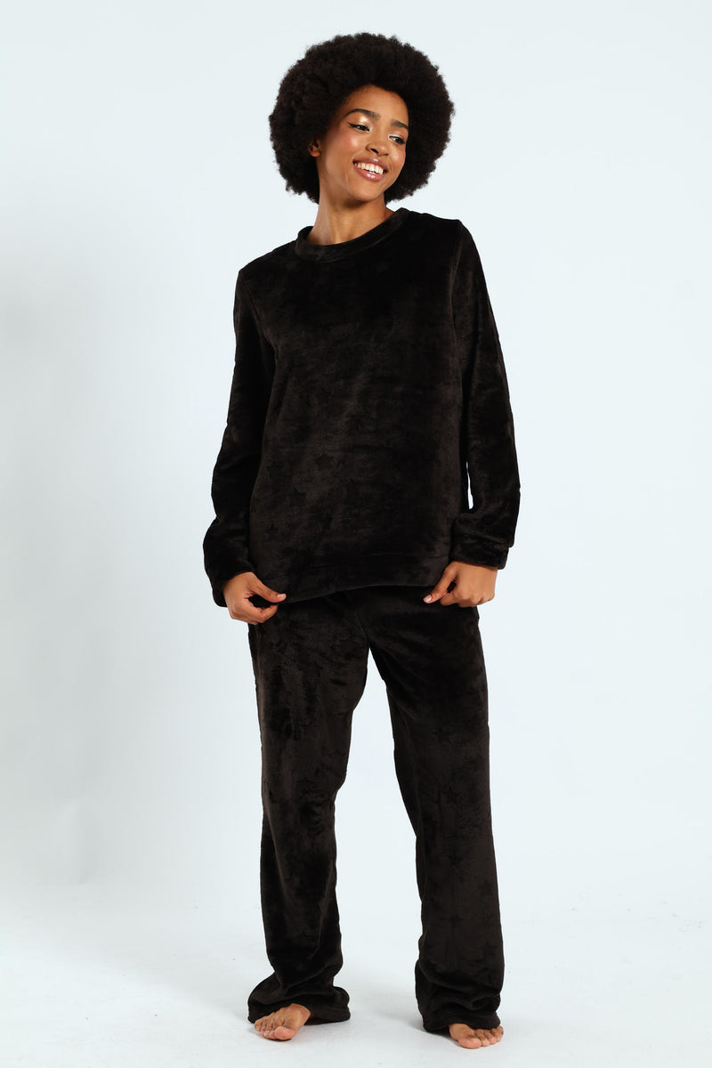 Long Sleeve Cosy Flare Leg Sleep Set - Black