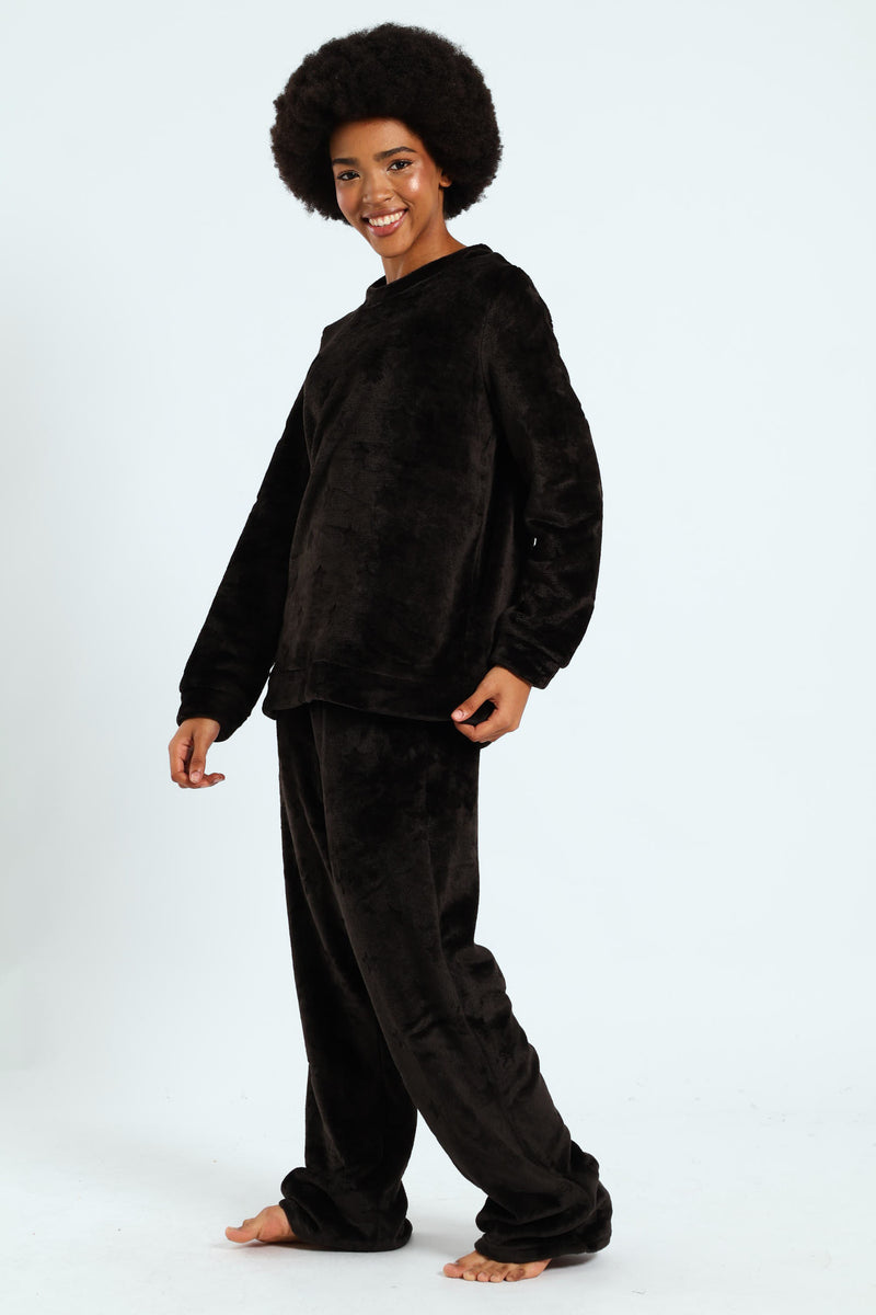 Long Sleeve Cosy Flare Leg Sleep Set - Black