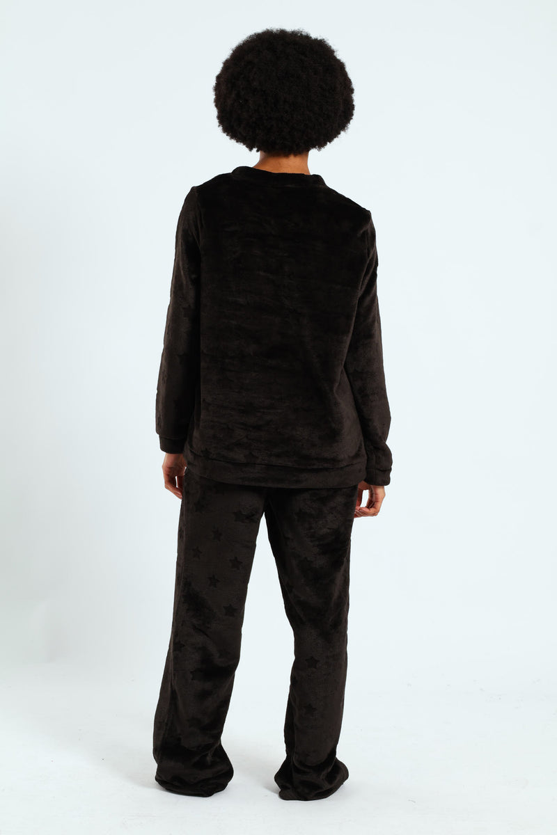Long Sleeve Cosy Flare Leg Sleep Set - Black