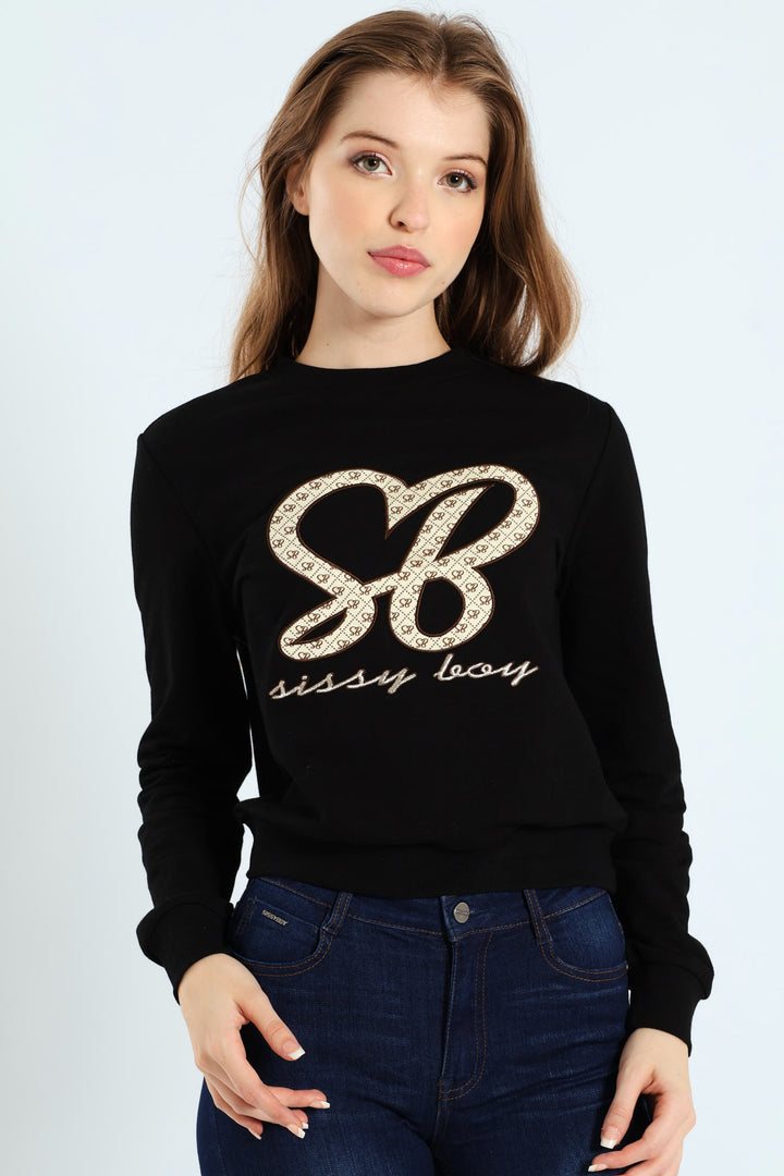 Satin Embroidered Applique Logo Sweat Top - Black