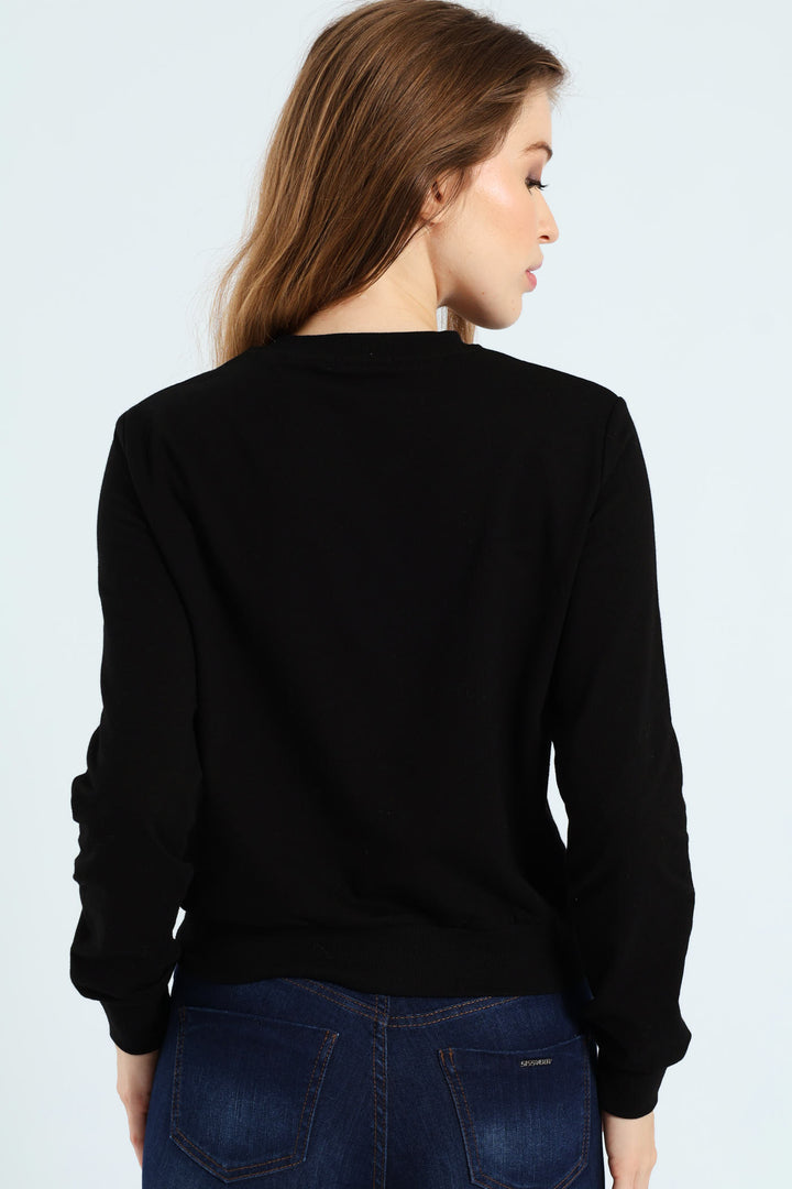 Satin Embroidered Applique Logo Sweat Top - Black