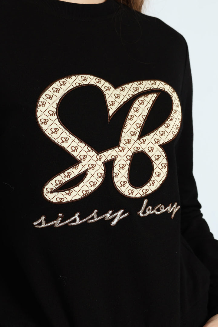 Satin Embroidered Applique Logo Sweat Top - Black
