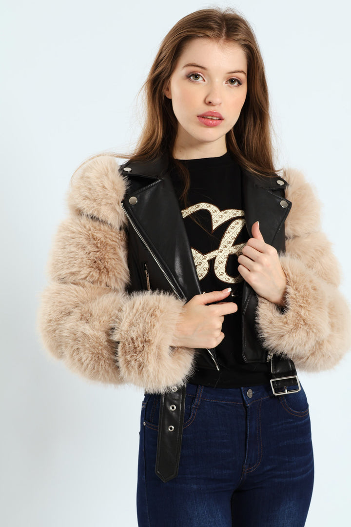 Faux Leather Biker Jacket With Faux Fur Sleeve - Black