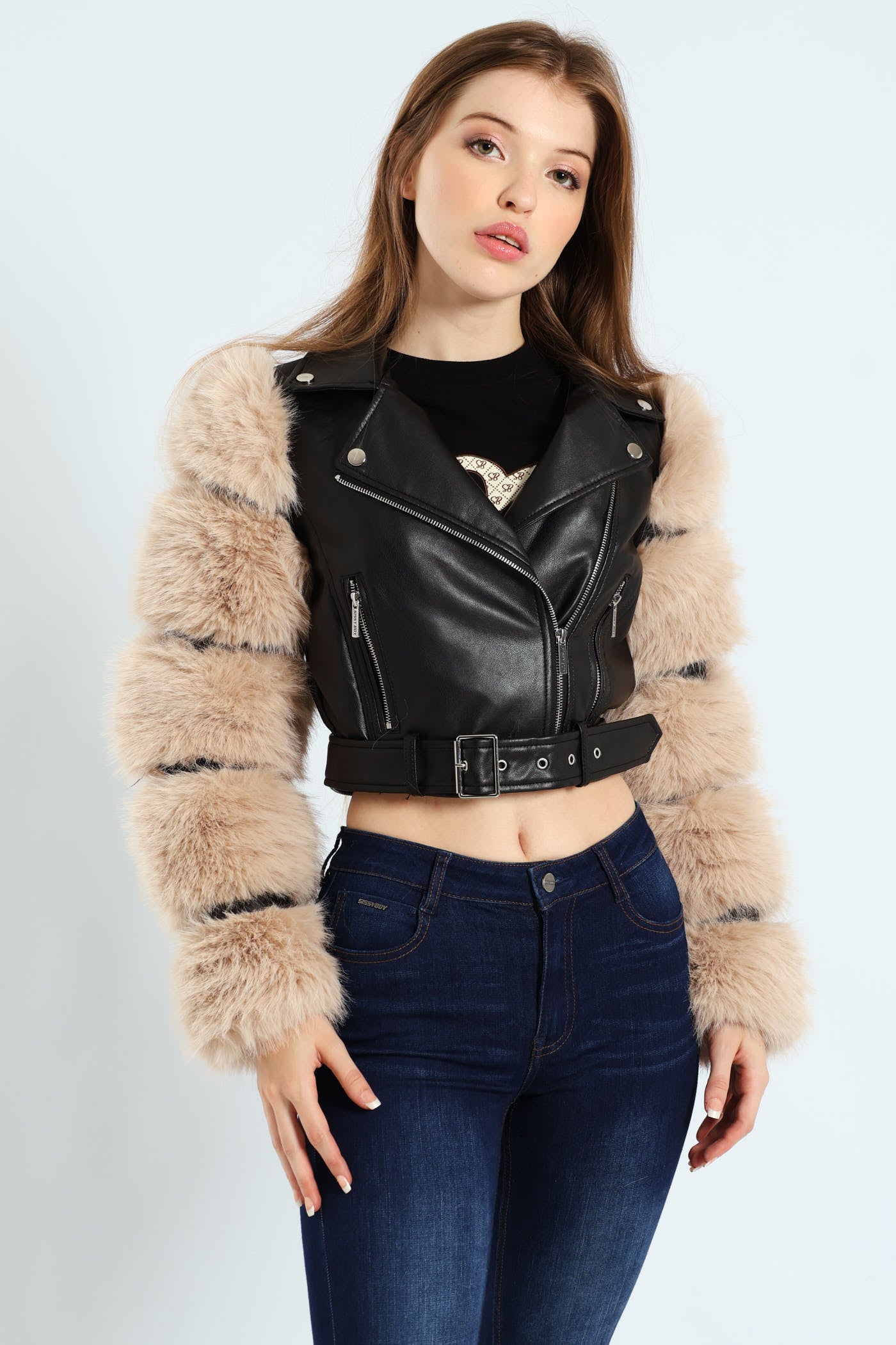 Ladies Faux Leather Biker Jacket With Faux Fur Sleeve - Black – Edgars