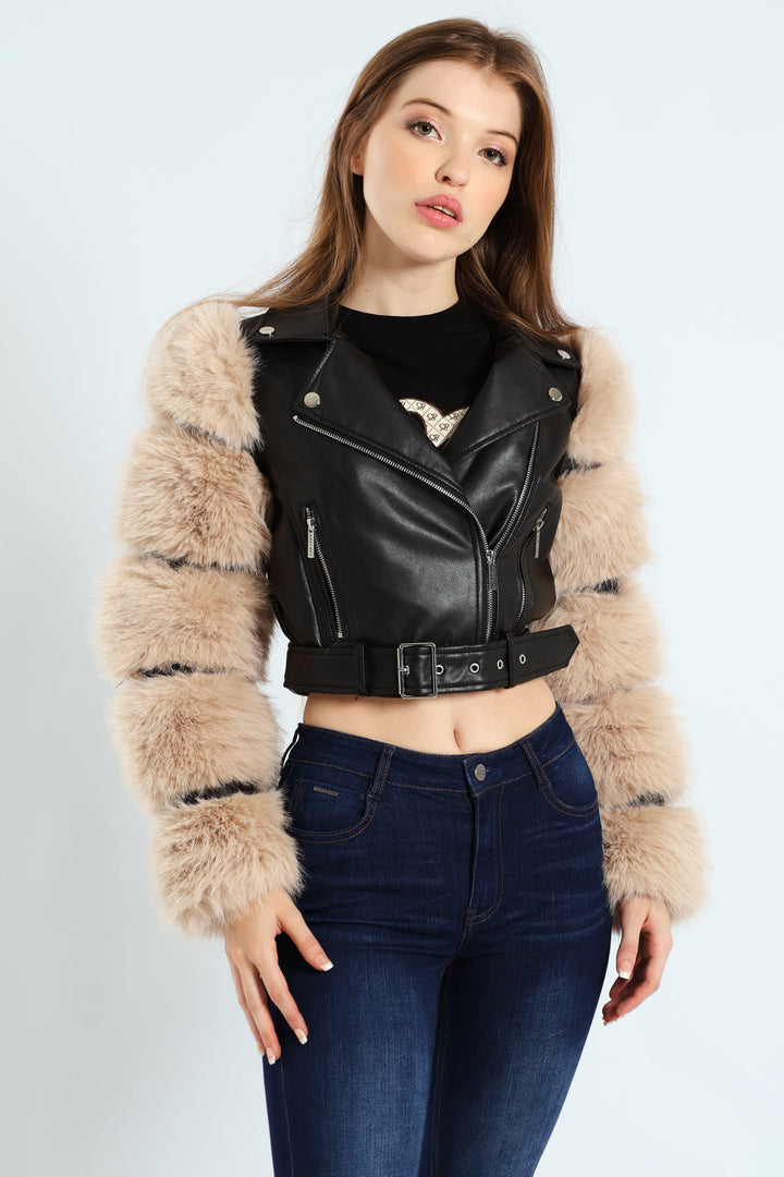 Faux Leather Biker Jacket With Faux Fur Sleeve - Black