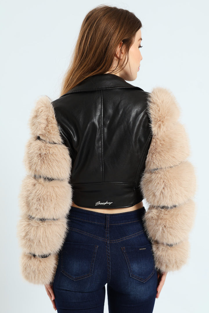 Faux Leather Biker Jacket With Faux Fur Sleeve - Black
